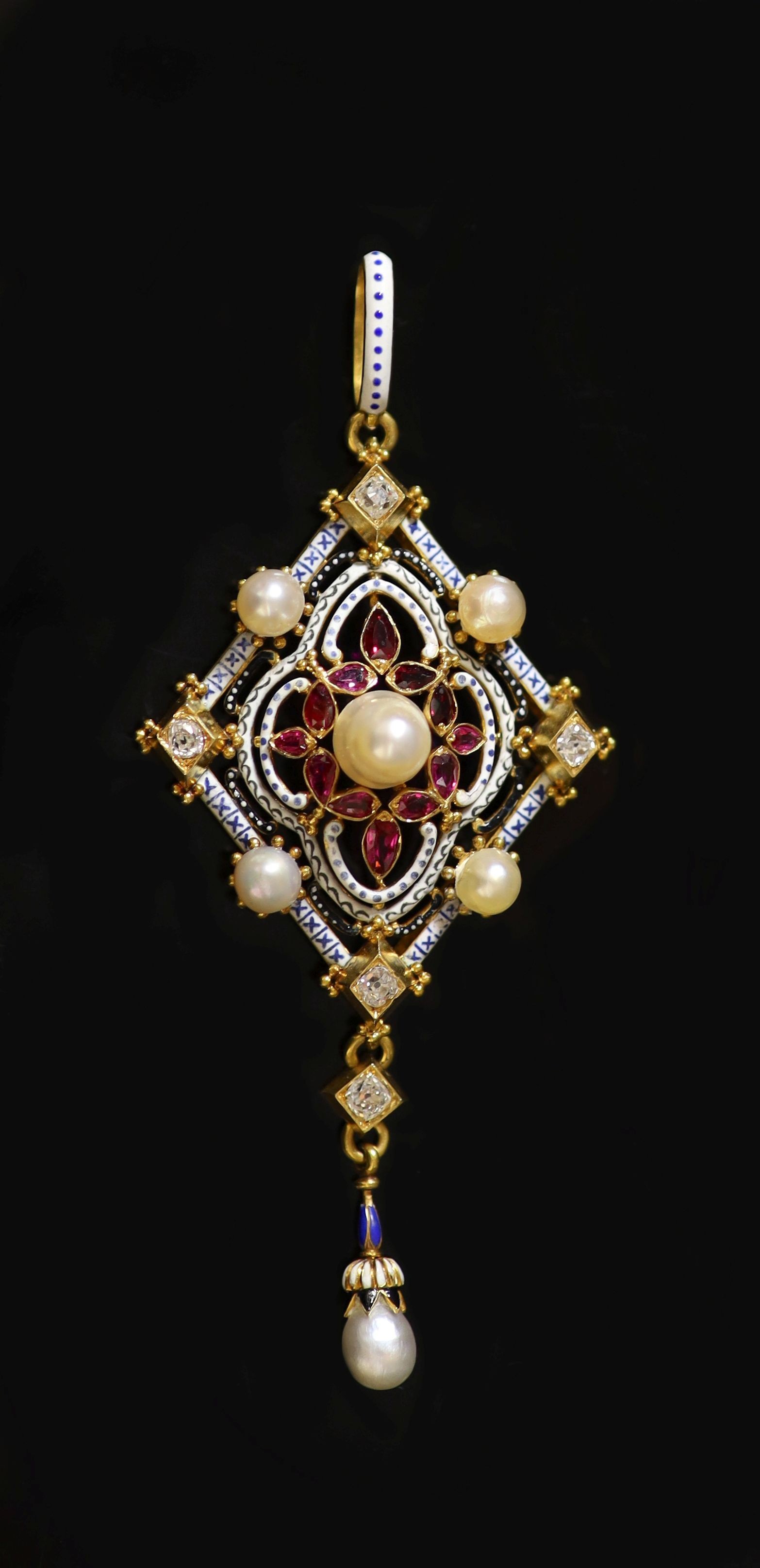 A good Victorian gold, three colour enamel, diamond, ruby and pearl set drop pendant, by Carlo Giuliano, circa 1870